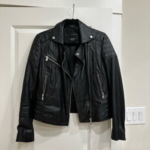 Barneys Black Leather Moto Jacket with Quilted Shoulders